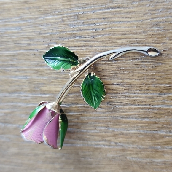 Vintage Enameled Pink Rose Brooch - Picture 2 of 5